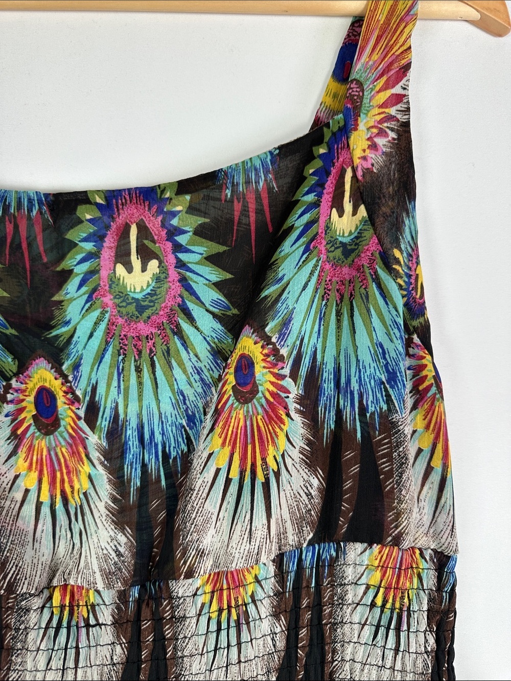 Peacock Feather Print Tiered Midi Dress Multicolor Ruched Back Wide Strap Boho - Picture 3 of 7